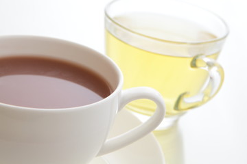 hot chocolate and cup of green tea