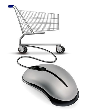 A mouse connected to a shopping cart. Vector