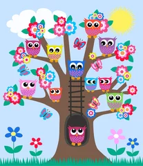 Raamstickers veel uilen in een boom © popocorn8