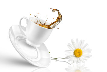 Splash of tea in the falling cup with flower isolated on white