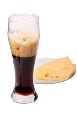 Dark beer with cheese on white