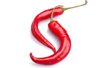 Two hot red peppers on white background