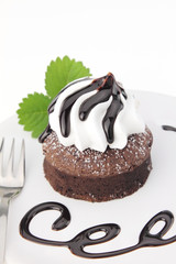 Chocolate soufflé cake on a dish