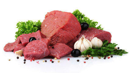 raw meat, vegetables and spices isolated on white