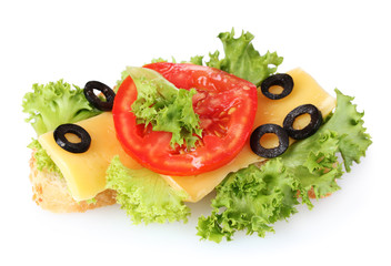 tasty sandwich with cheese and tomatoes isolated on white