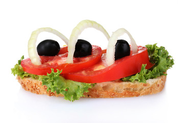 tasty sandwich with tomatoes and olives isolated on white