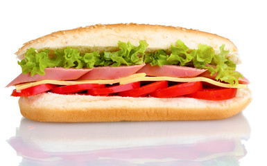 Sandwich with sausage, cheese and tomatoes isolated on white