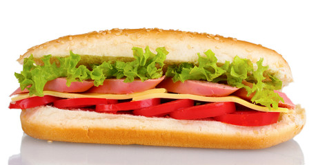 Sandwich with sausage, cheese and tomatoes isolated on white