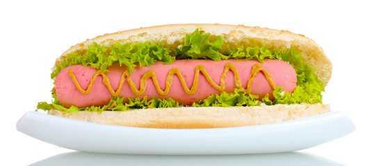Delicious hot dog with mustard and lettuce on plate isolated on