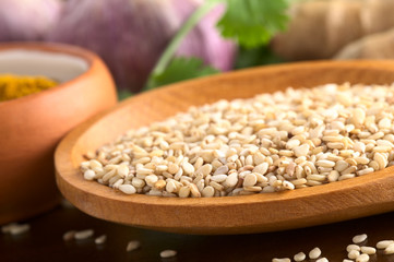 Raw sesame seeds on wooden spoon