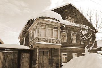 Old russian country house. Sepia.