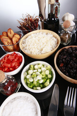 Staple latino sides, rice, plantains, and black beans