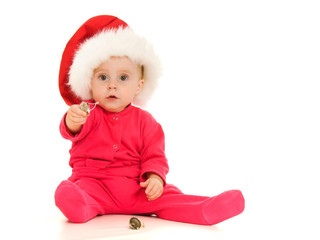 Happy Christmas bell ringing baby on a white background