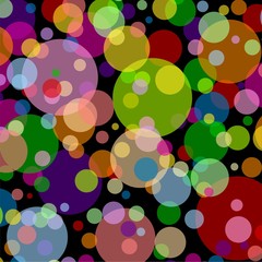 Black square background with multicoloured balls