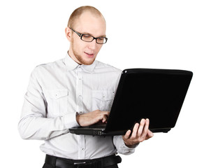 businessman in white shirt and glasses with laptop isolated