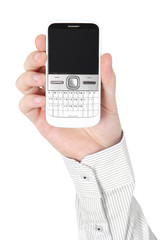 closeup of man hand showing white mobile phone isolated