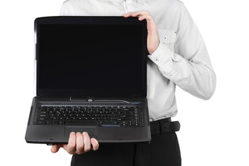 closeup of businessman in white shirt showing laptop isolated