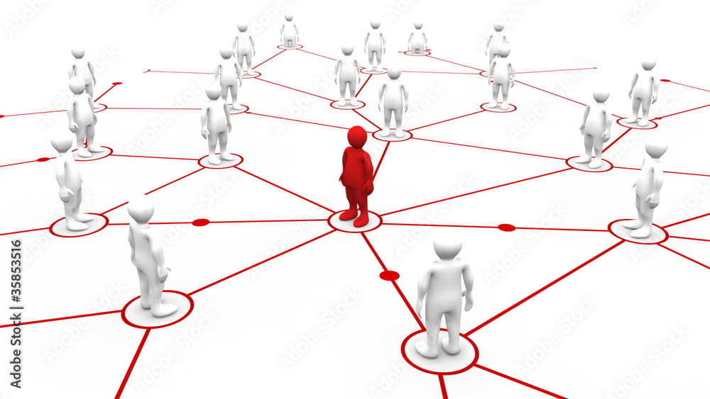 Poster red 3d-man connecting to white 3d-men after appearing
