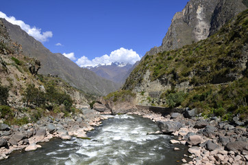 Wild Urubamba river flowing through valley