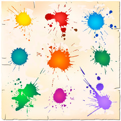 Set of colorful paint splats on old paper sheet