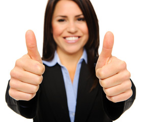 Satisfied business woman with thumbs up