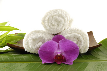 Obraz na płótnie Canvas Spa treatment- stones towel and bamboo leaf