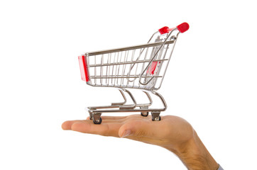 Hand holding shopping cart on white