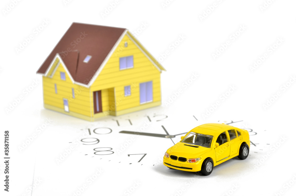 Wall mural Model house,toy car and clock face