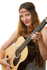 Beautiful  Girl playing guitar on white background