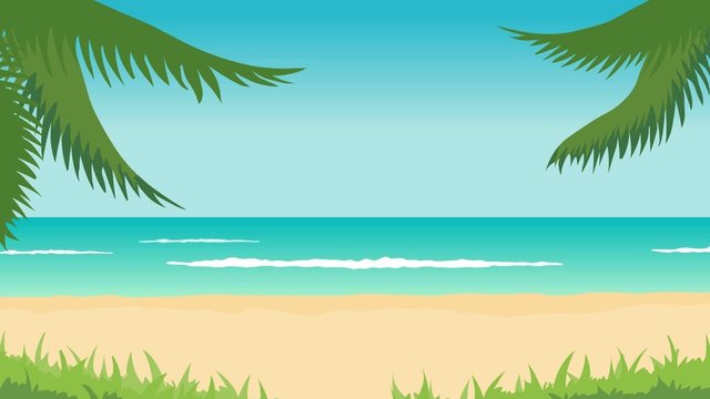 Animation of tropical landscape - beach, sea, waves, palms