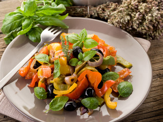peperonata with basil and black olives