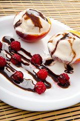 Food concept with ice cream and fruits