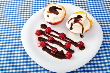 Food concept with ice cream and fruits