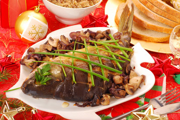 carp baked with mushrooms and onion for christmas