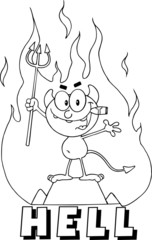 Outlined Little Devil Holding Up A Pitchfork And Smoking A Cigar