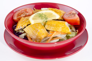 frisch geräucherter Bückling mit Salat in einer roten Schale