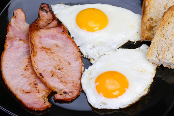 Irish breakfast with two eggs, bacon and toast