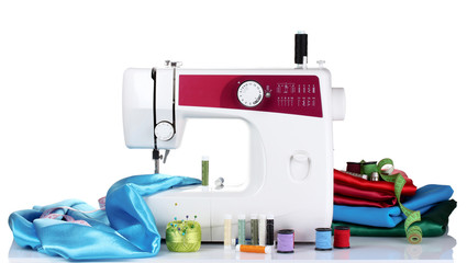 sewing machine and fabric isolated on white