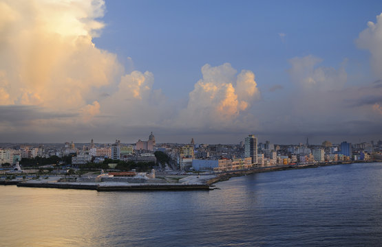 Havana bay entrance and city skyline at sunset time