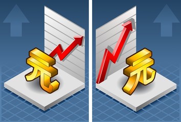 isometric yuan with red arrow up exchange