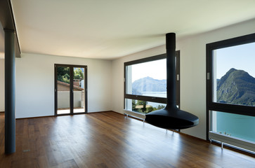 Modern apartment, large living room with panoramic view