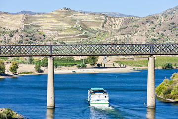 railway viaduct and cruise ship in Pocinho, Douro Valley, Portug © Richard Semik