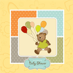 new baby announcement card with teddy bear and balloons