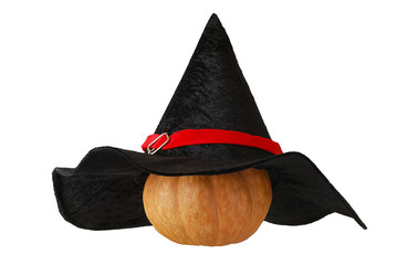 Small Halloween pumpkin in witch hat