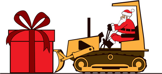 Santa pushing large present on bulldozer