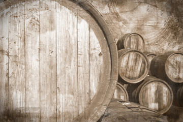 Old wine casks in vintage stile, background