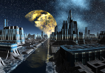Starry Night Over An Alien City - Science Fiction Scene Part 3