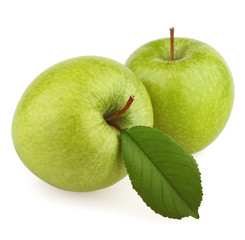 Two green apple with leaf