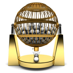 Golden cage full of balls to play bingo, isolated on white background