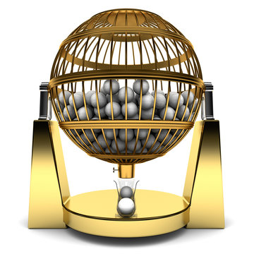 Golden cage full of balls to play bingo, isolated on white background